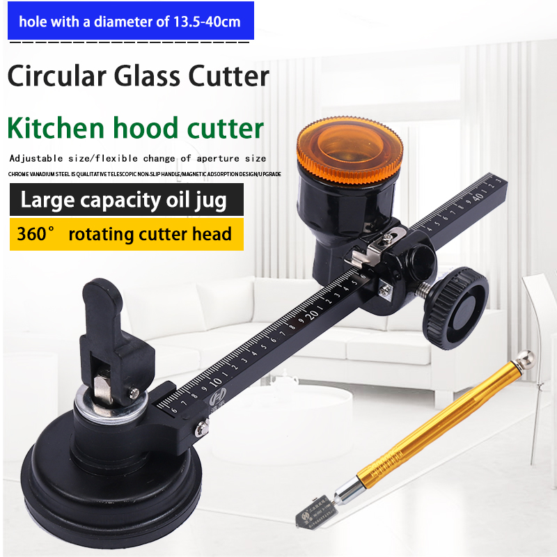 Cortador Circular De Cristal Ajustable – Brújula Con Ventosa, Diámetro Máximo De 40 Cm, Mango De Aluminio Y Goma